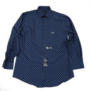 New Alfani Mens Navy & White Geometric Cube Slim Fit Dress Shirt M 15/15.5-32/33